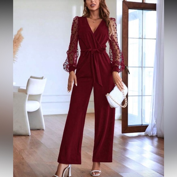 Boho polka dots mesh lantern sleeve belted jumpsuit - Picture 1 of 6